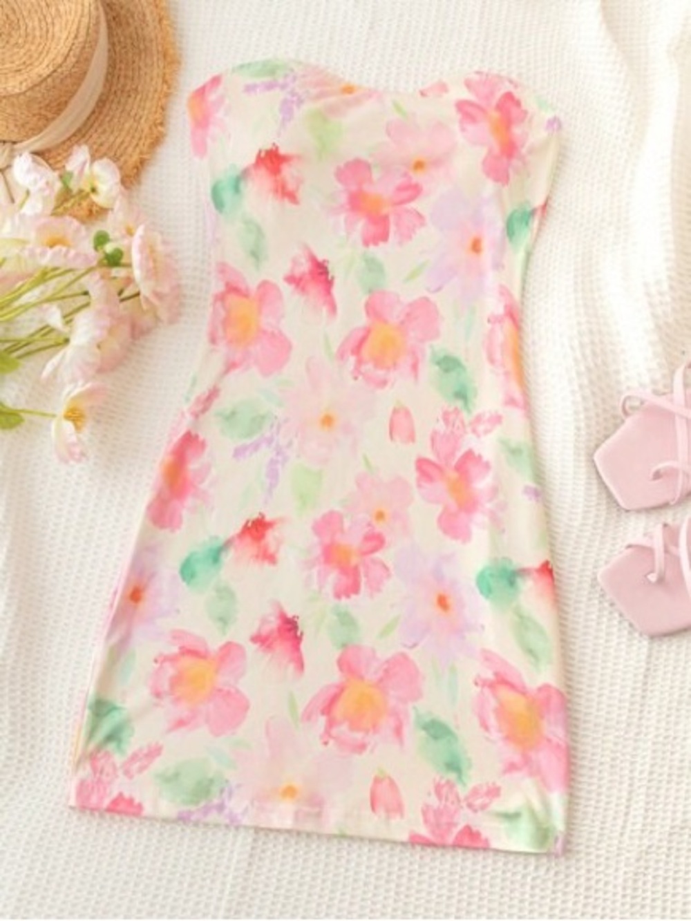 Soleia Strapless Floral Pink Mini Watercolor Dress Size Medium - Picture 5 of 5